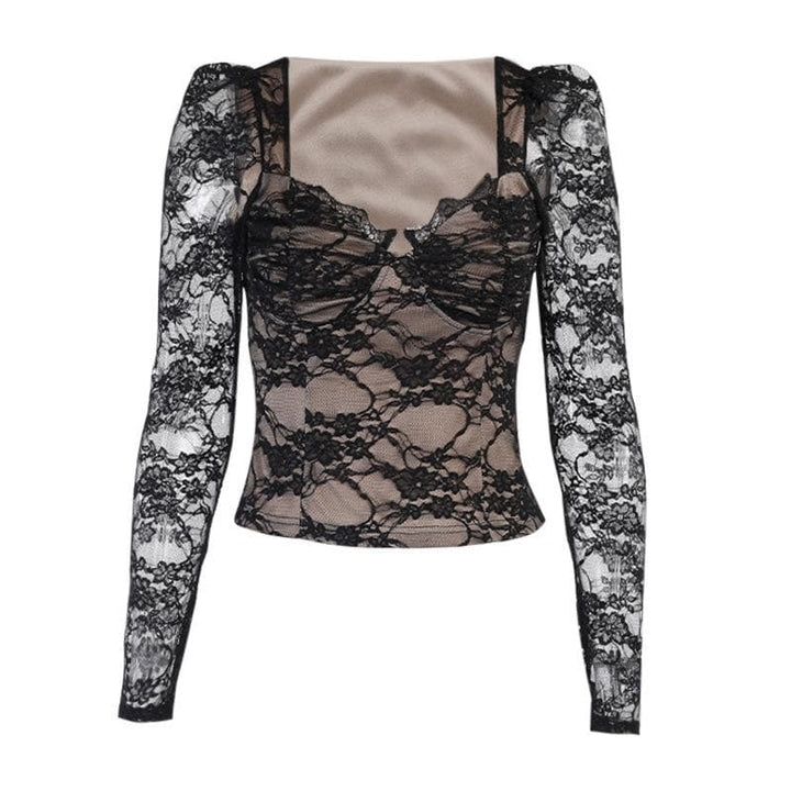 V neck eyelash lace puff long sleeve top