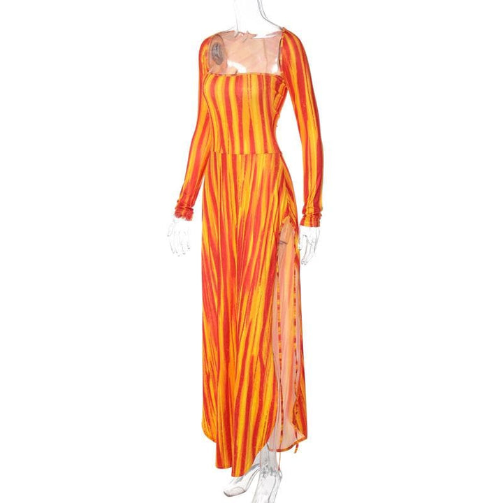 Striped contrast square neck long sleeve slit maxi dress  | Festival Outfits Women