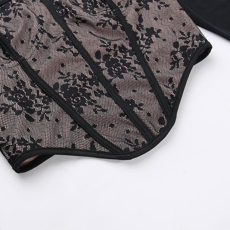 Lace contrast corset long sleeve zip-up self tie top  | Festival Outfits Women