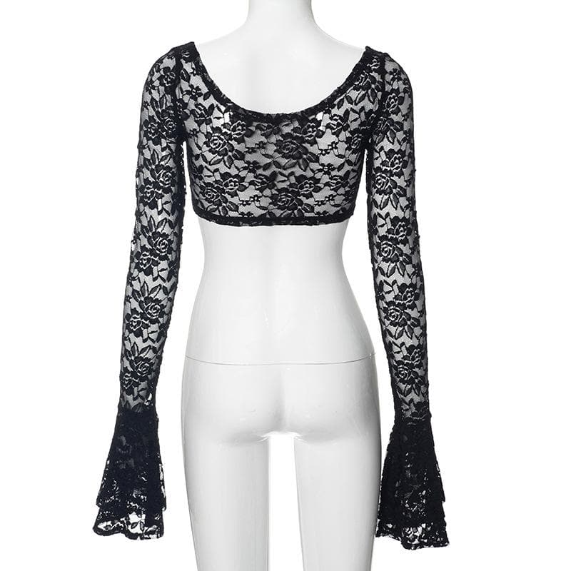 Long flared sleeve lace u neck button backless crop top  | Festival Outfits Women