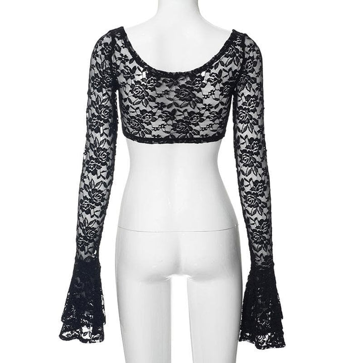 Long flared sleeve lace u neck button backless crop top  | Festival Outfits Women