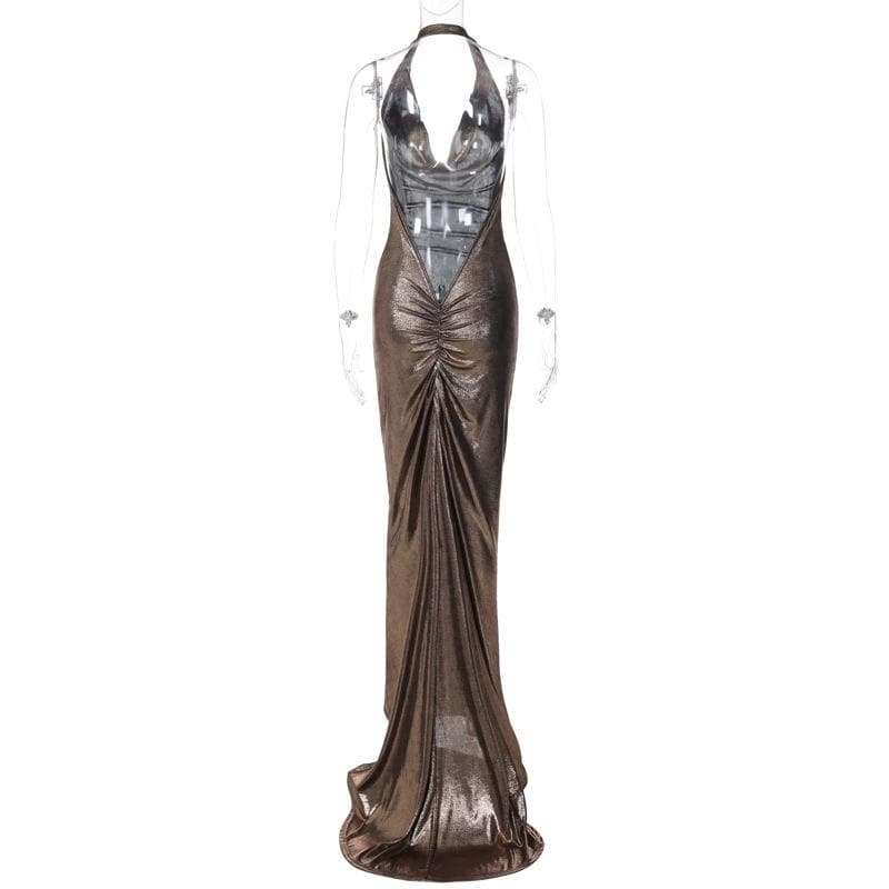 Metallic cowl neck ruched halter backless maxi dress Halibuy Metallic cowl neck ruched halter backless maxi dress Halibuy