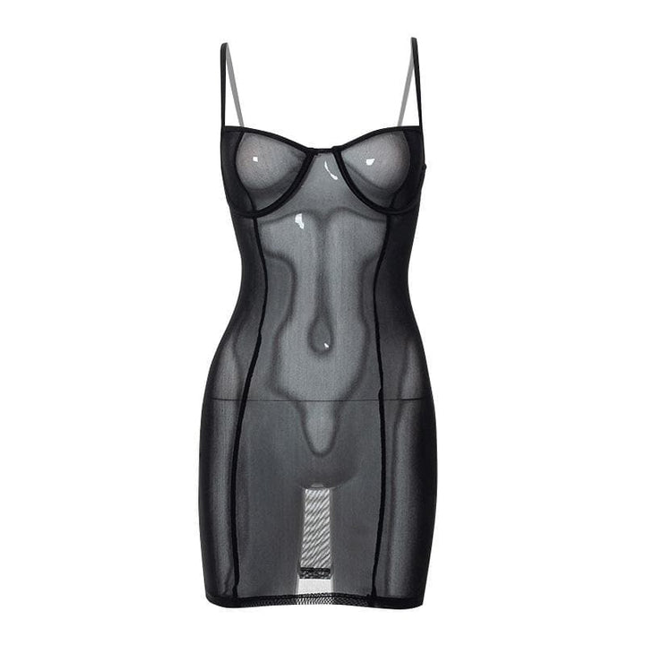 Sheer mesh see through solid low cut cami mini dress-final-sale
