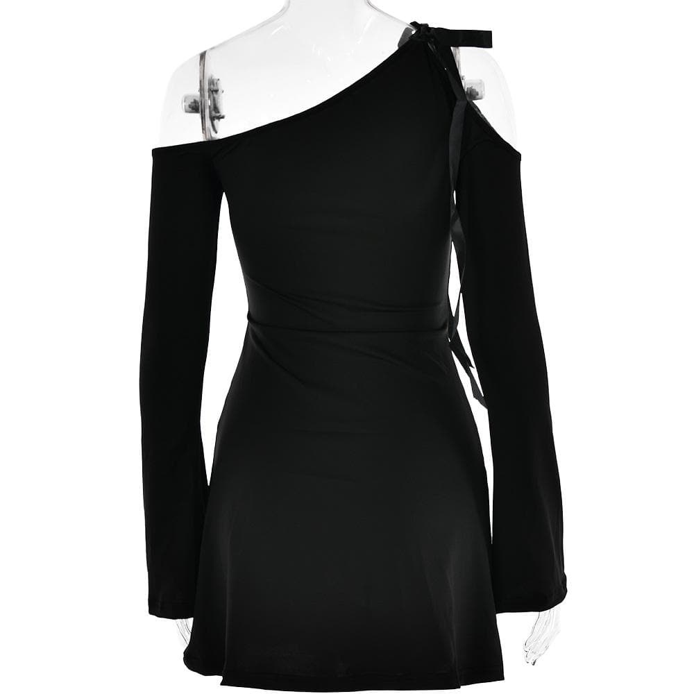 Self tie irregular one shoulder long sleeve solid mini dress