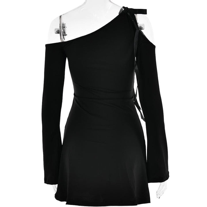 Self tie irregular one shoulder long sleeve solid mini dress
