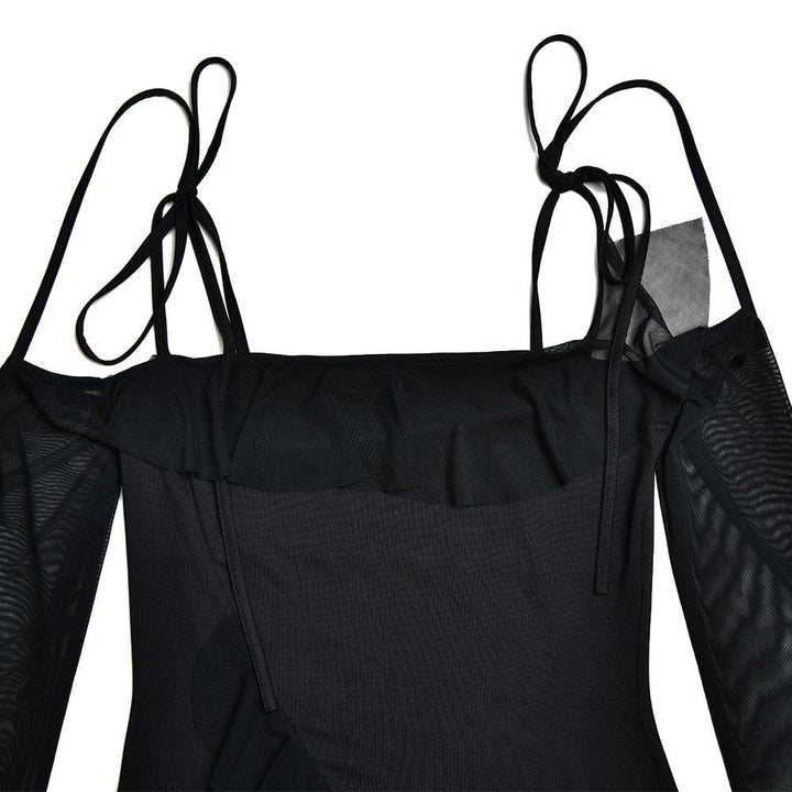 Ruffle self tie irregular off shoulder mesh long sleeve mini dress