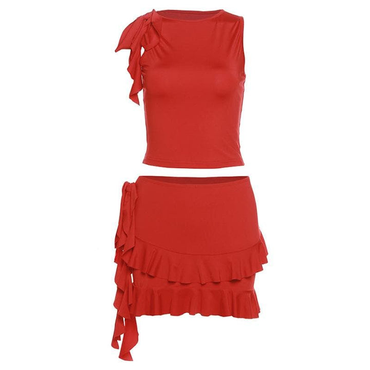 Crewneck ruffle solid self tie mini skirt set  | Festival Outfits Women