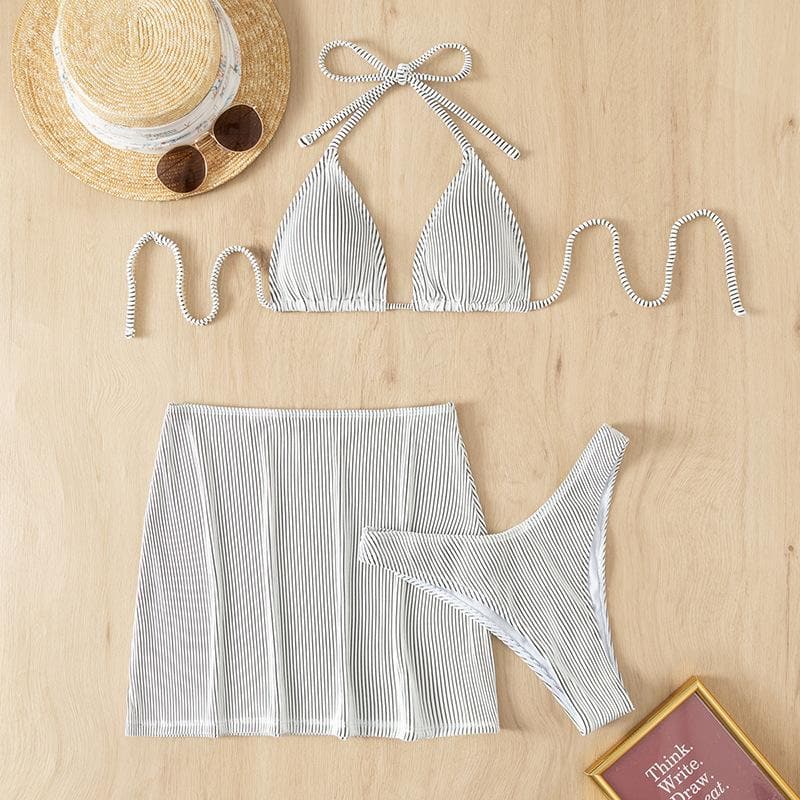 Textured self tie halter mini skirt 3 piece swimwear