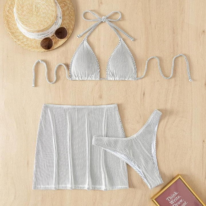 Textured self tie halter mini skirt 3 piece swimwear