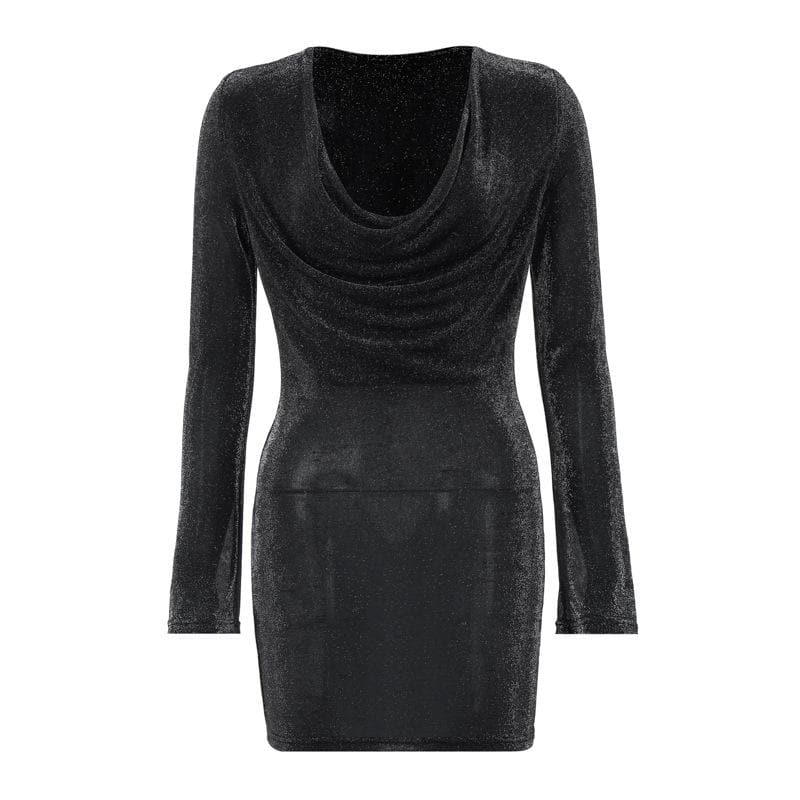 Long sleeve cowl neck ruched glitter solid mini dress  | Festival Outfits Women