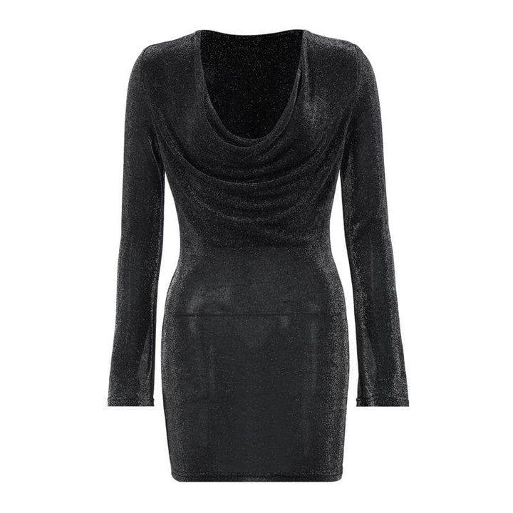Long sleeve cowl neck ruched glitter solid mini dress  | Festival Outfits Women