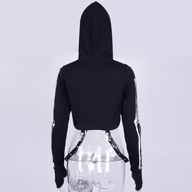 Long sleeve hoodie skeleton print buckle gloves contrast shrug top  | Festival Outfits Women