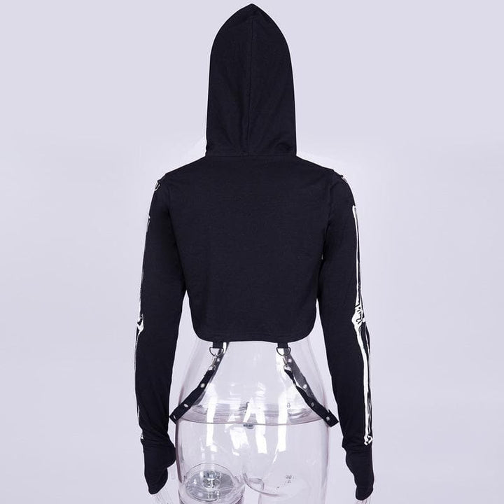 Long sleeve hoodie skeleton print buckle gloves contrast shrug top  | Festival Outfits Women