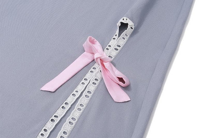 Bowknot slit lace hem denim zip-up hollow out irregular cut out midi skirt  | Festival Outfits Women