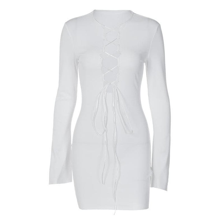 Lace up solid long sleeve ribbed self tie mini dress  | Festival Outfits Women