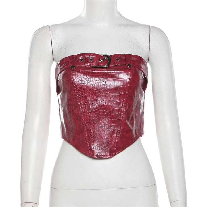 PU leather buckle backless zip-up crop tube top  | Festival Outfits Women