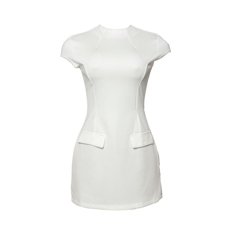 Cap sleeve crewneck stitch solid mini dress  | Festival Outfits Women
