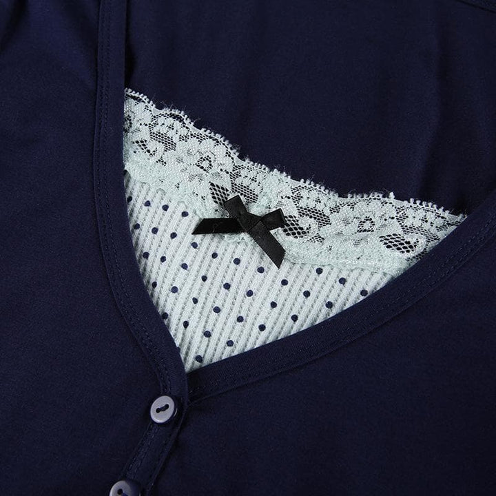 Polka dot patchwork long sleeve lace hem button top  | Festival Outfits Women