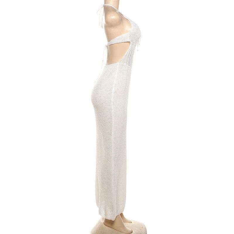 Knitted hollow out see through halter cut out maxi dress  | Festival Outfits Women