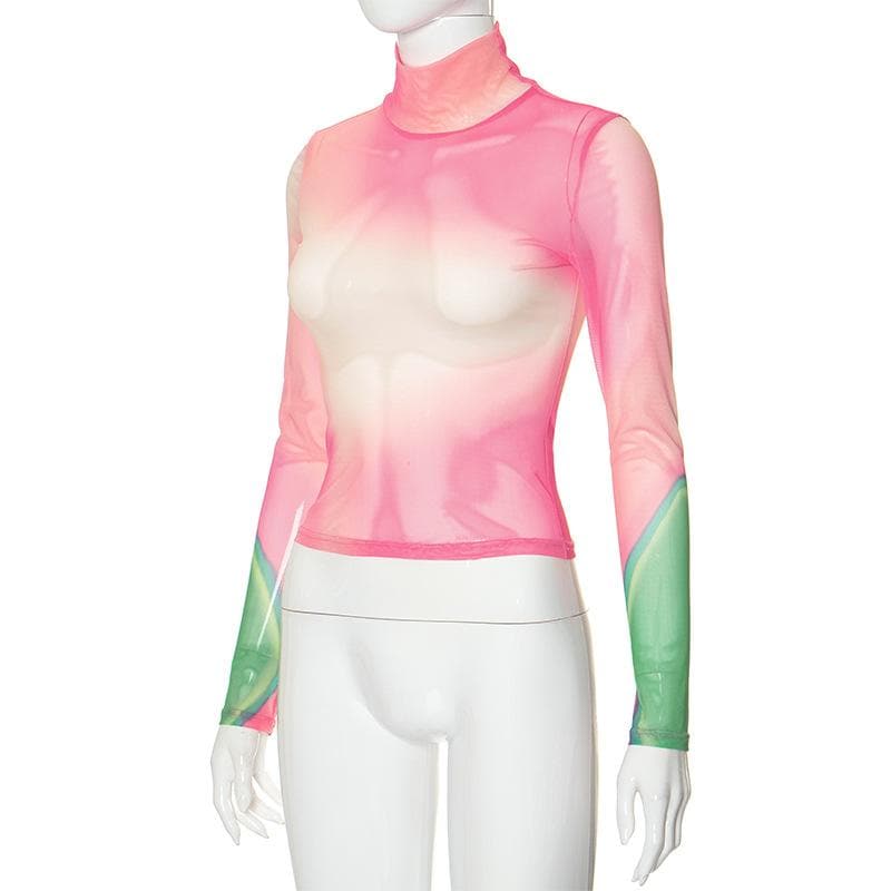 Long sleeve high neck print sheer mesh contrast top  | Festival Outfits Women