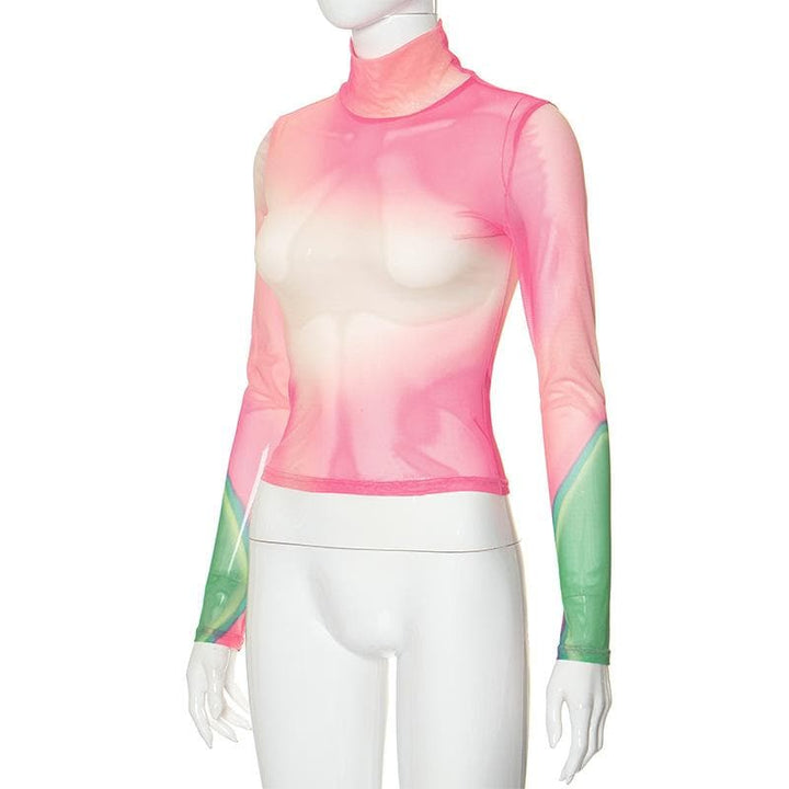 Long sleeve high neck print sheer mesh contrast top  | Festival Outfits Women