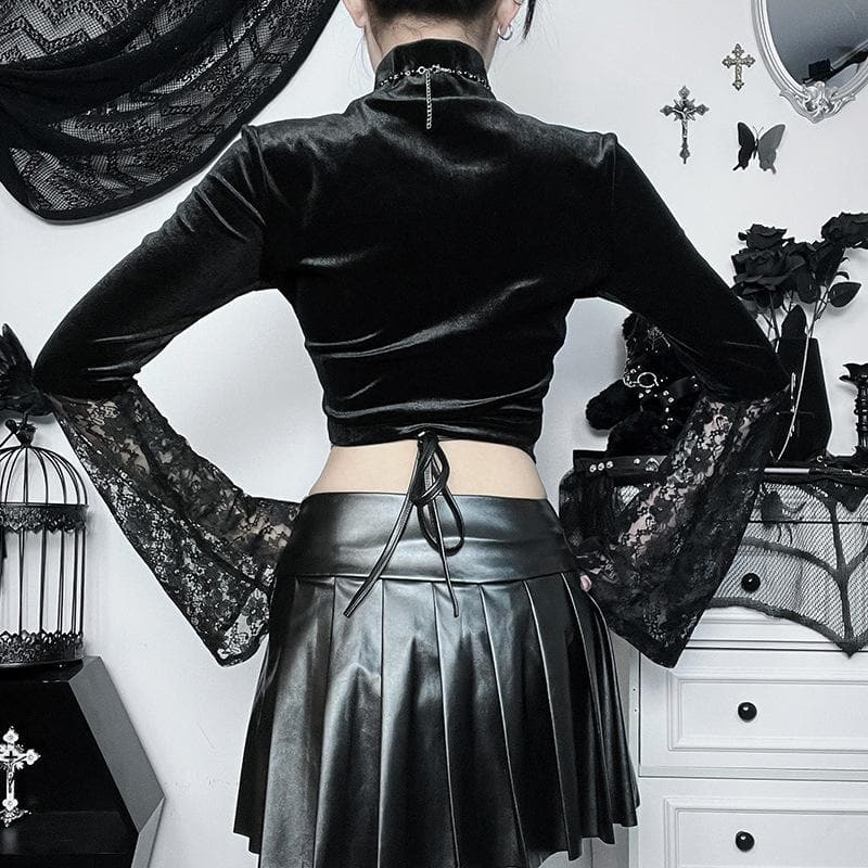 Velvet patchwork lace high neck flared sleeve crop top