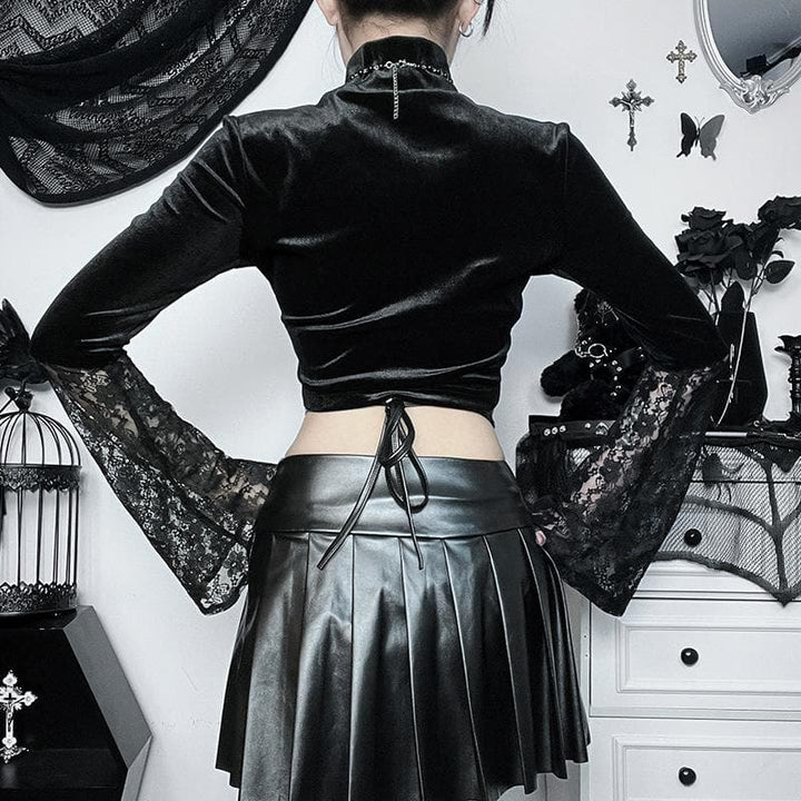 Velvet patchwork lace high neck flared sleeve crop top