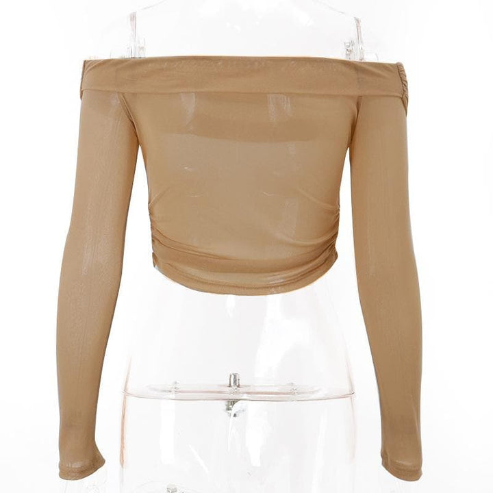 Sheer mesh see through off shoulder ruched long sleeve top