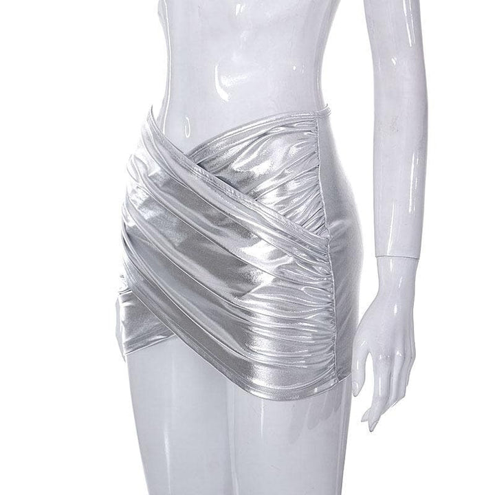 Cross front ruched metallic low rise mini skirt  | Festival Outfits Women