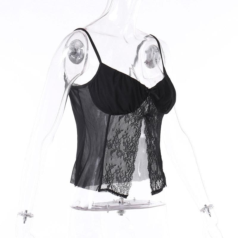Lace patchwork ruched solid v neck slit cami crop top-final-sale
