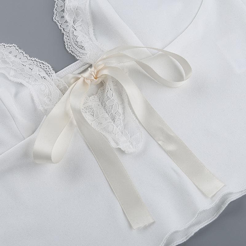 V neck lace hem backless bowknot ribbon crop cami top  | Festival Outfits Women