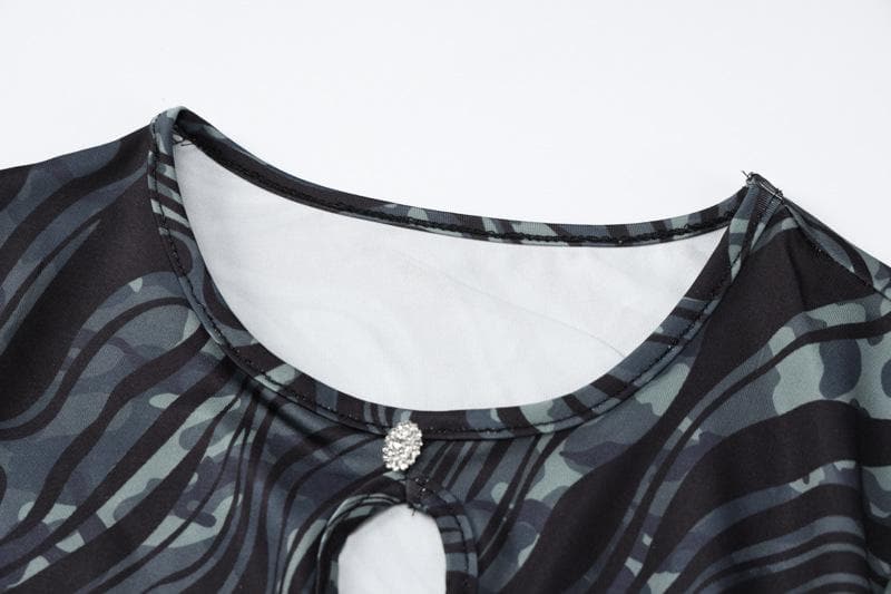 Ripple contrast long sleeve hollow out crewneck cut out mini dress