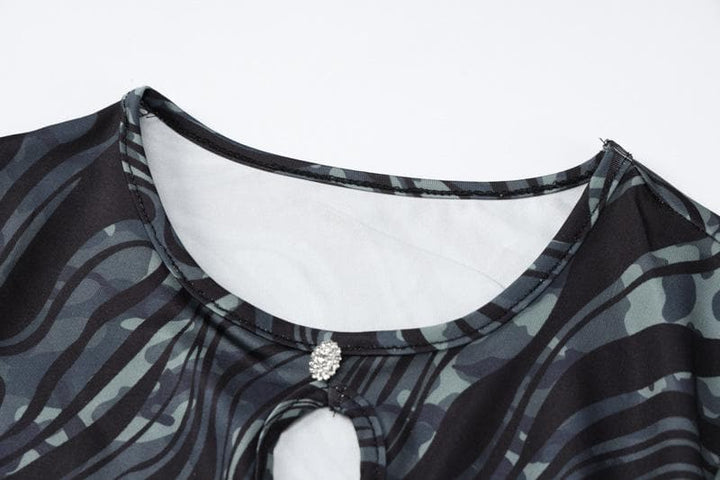 Ripple contrast long sleeve hollow out crewneck cut out mini dress