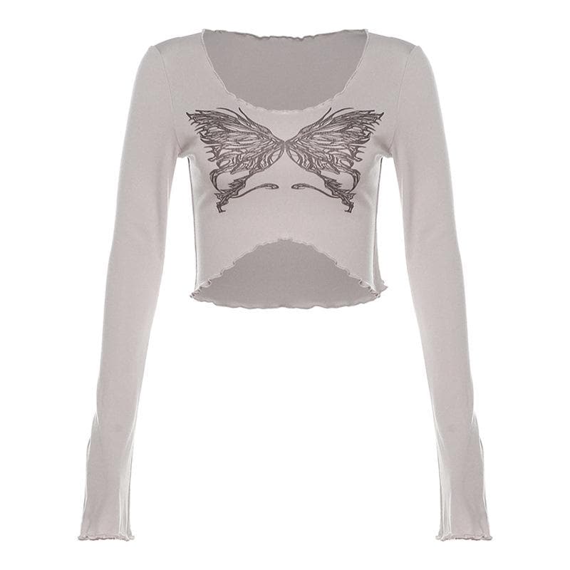 Butterfly pattern ruffle long sleeve contrast crop top