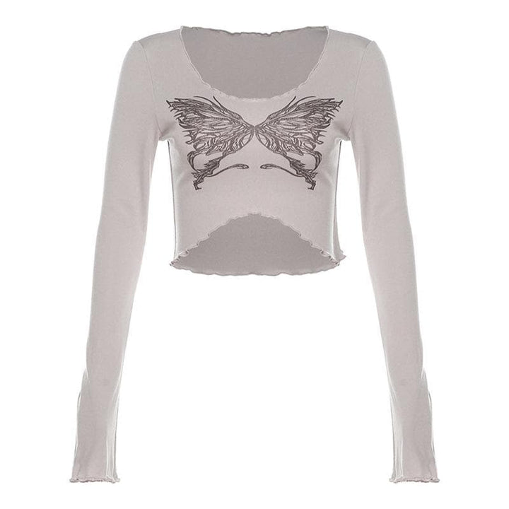 Butterfly pattern ruffle long sleeve contrast crop top