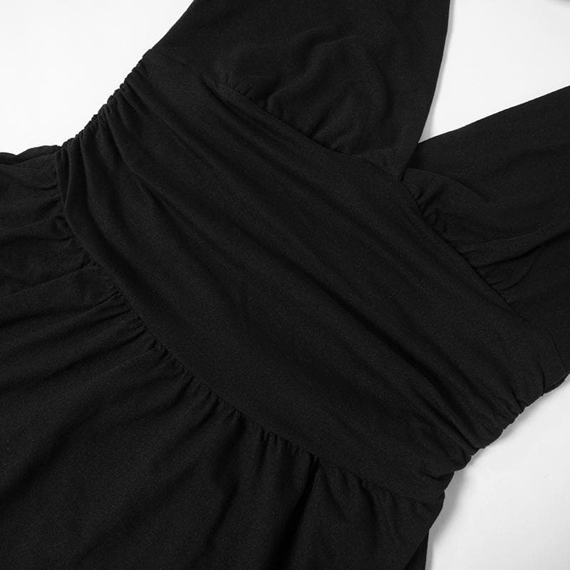 Long flared sleeve backless v neck ruched solid mini dress  | Festival Outfits Women