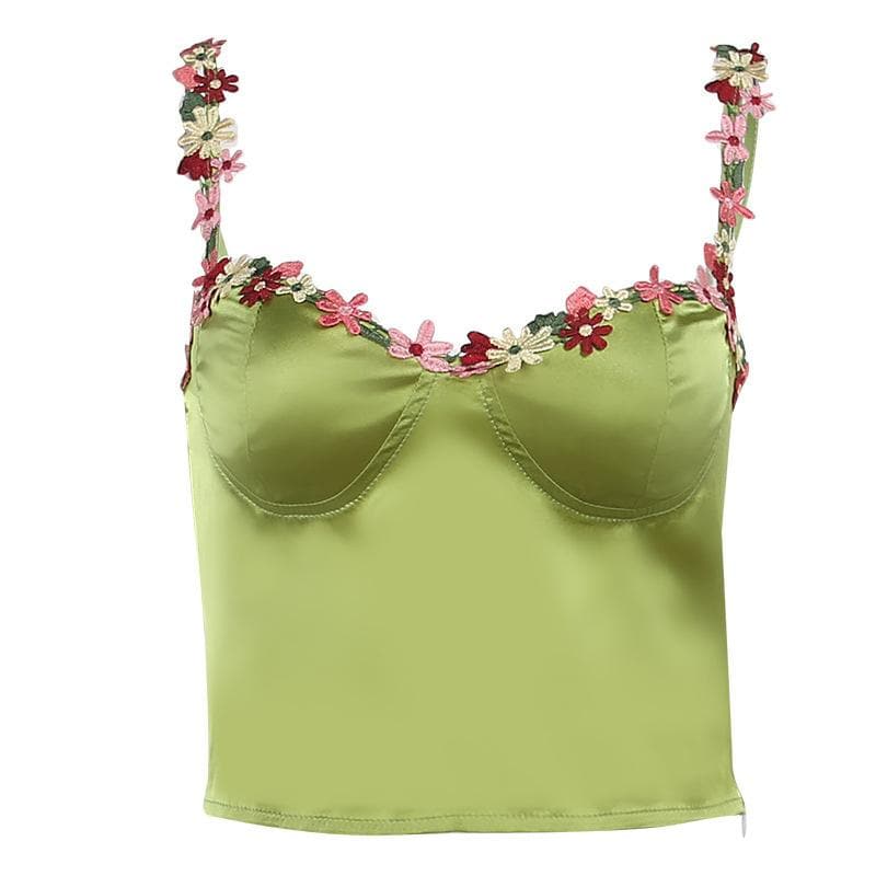 Sweetheart neck flower embroidery zip-up satin cami crop top