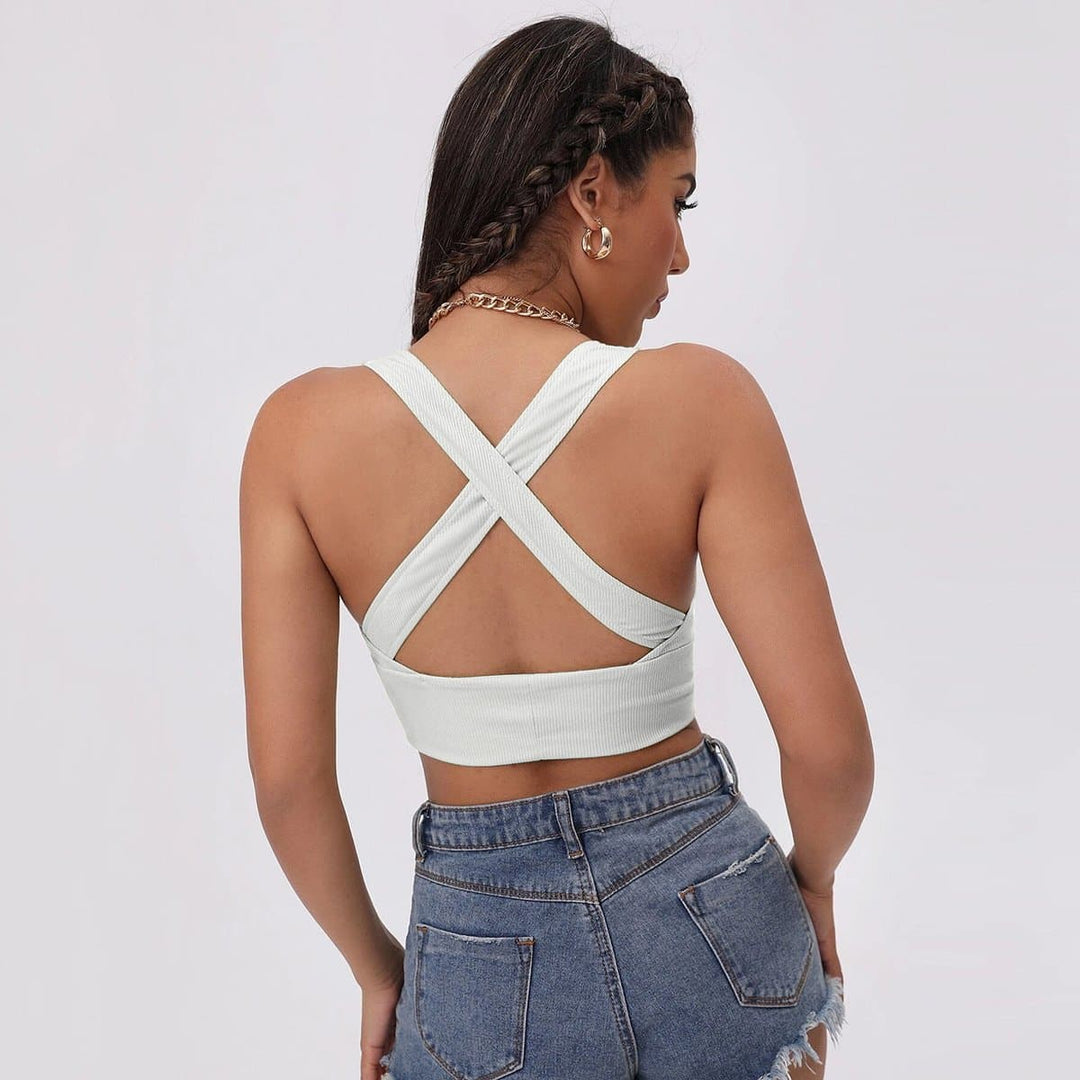 Cross back v neck solid ribbed crop top