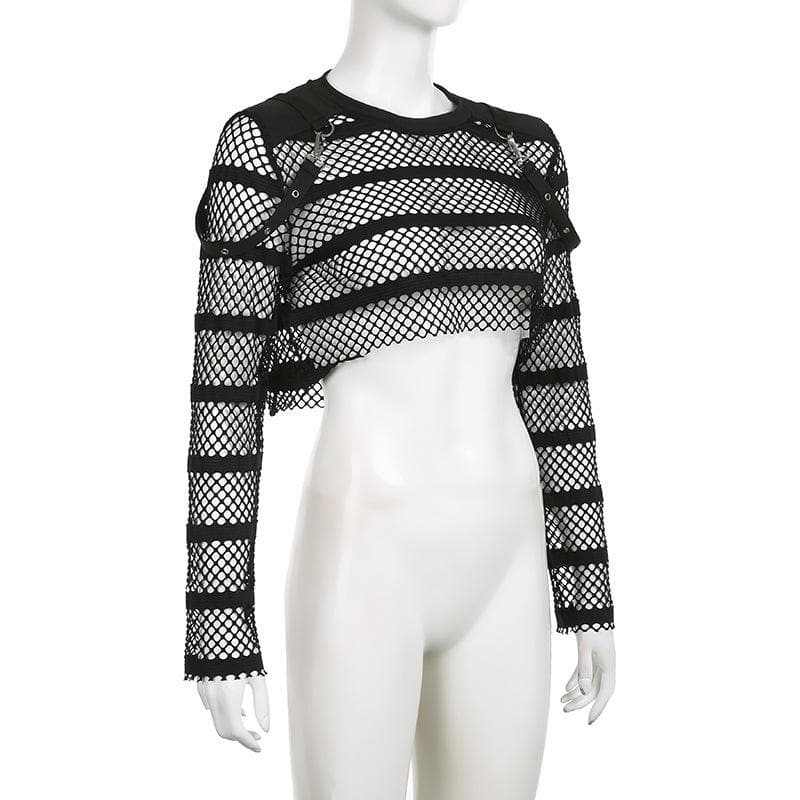 Hollow out long sleeve fishnet see through buckle solid crop cut out top