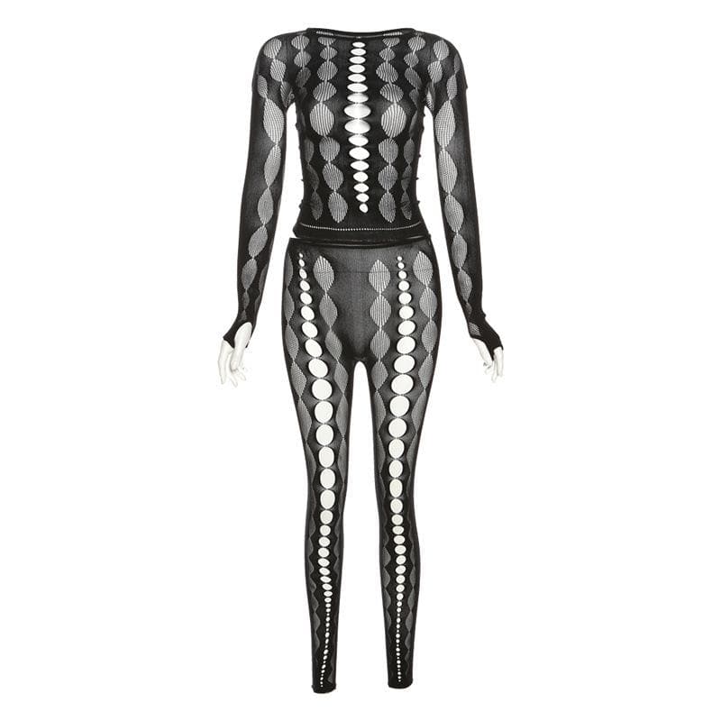 Fishnet long sleeve hollow out see through gloves solid pant set-final-sale