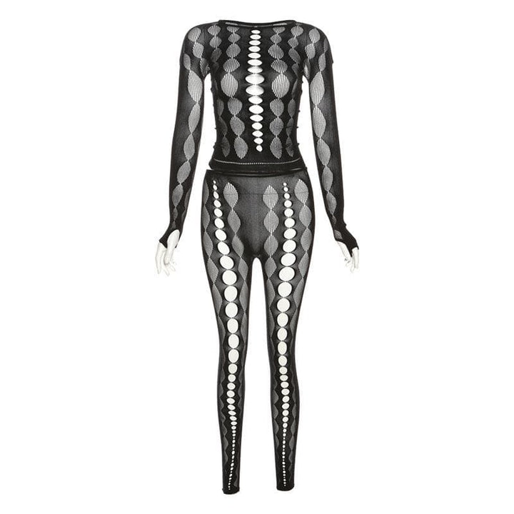 Fishnet long sleeve hollow out see through gloves solid pant set-final-sale