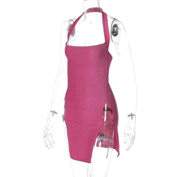 Halter o ring high slit glitter backless solid mini dress  | Festival Outfits Women