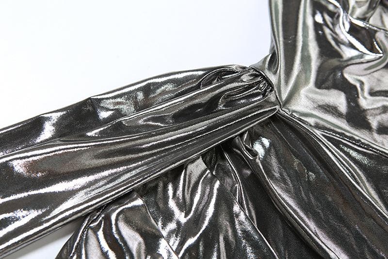 Halter ruched cowl neck metallic button mini dress  | Festival Outfits Women-final-sale