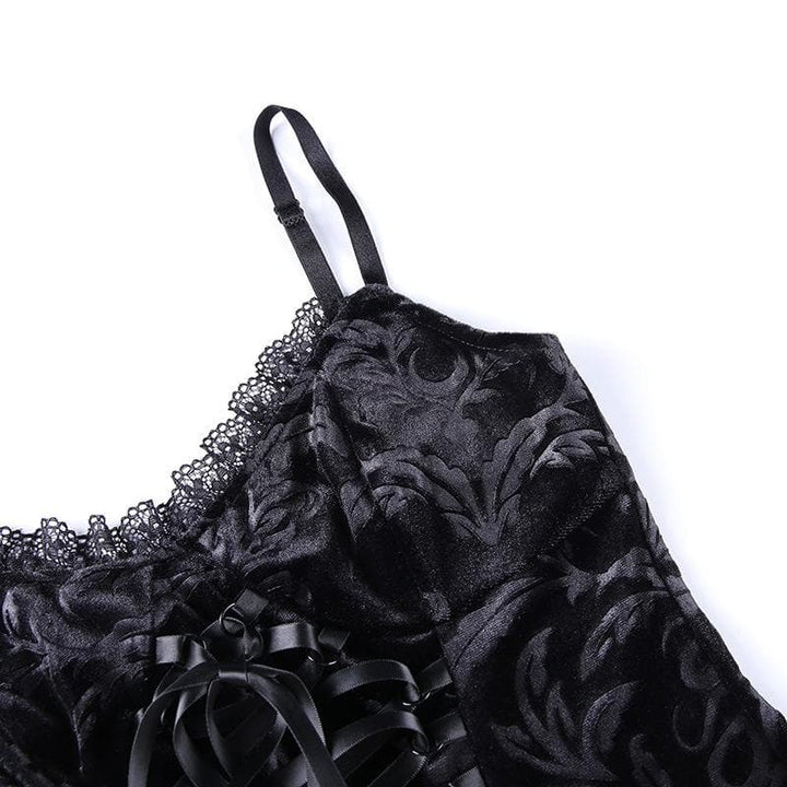 V neck hem lace velvet lace up cami top