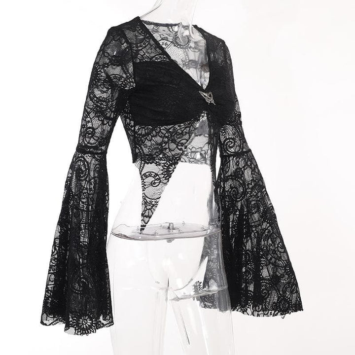 Flared sleeve lace slit v neck solid crop top-final-sale