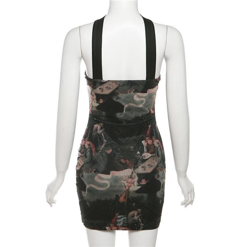 Abstract corset halter contrast print backless mini dress  | Festival Outfits Women