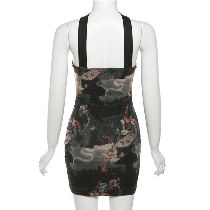 Abstract corset halter contrast print backless mini dress  | Festival Outfits Women