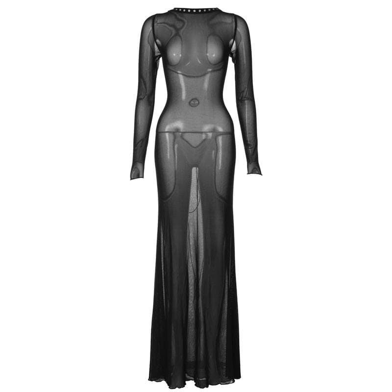 Long sleeve lace up sheer mesh see through maxi dress – Halibuy