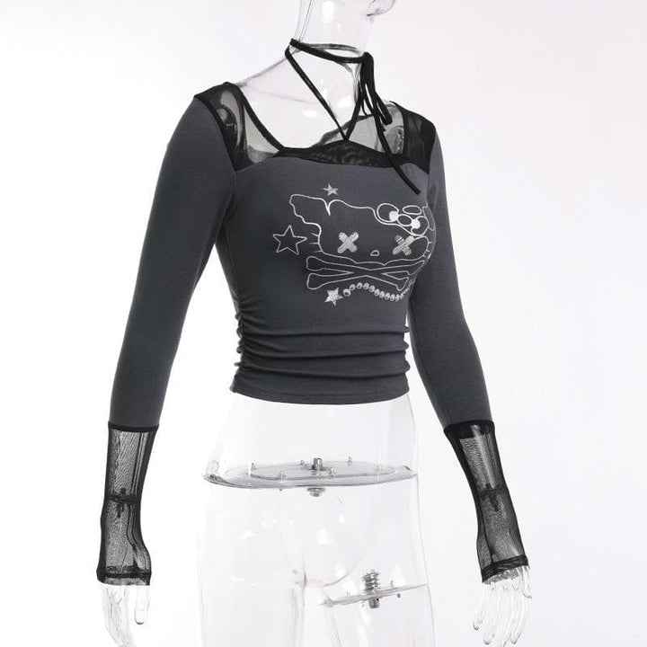 Long sleeve halter cat pattern mesh patchwork stitch top  | Festival Outfits Women
