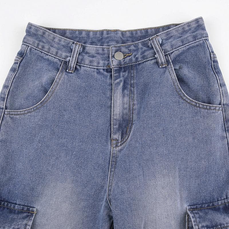 Cargo pocket button high rise straight leg jeans Parachute pants